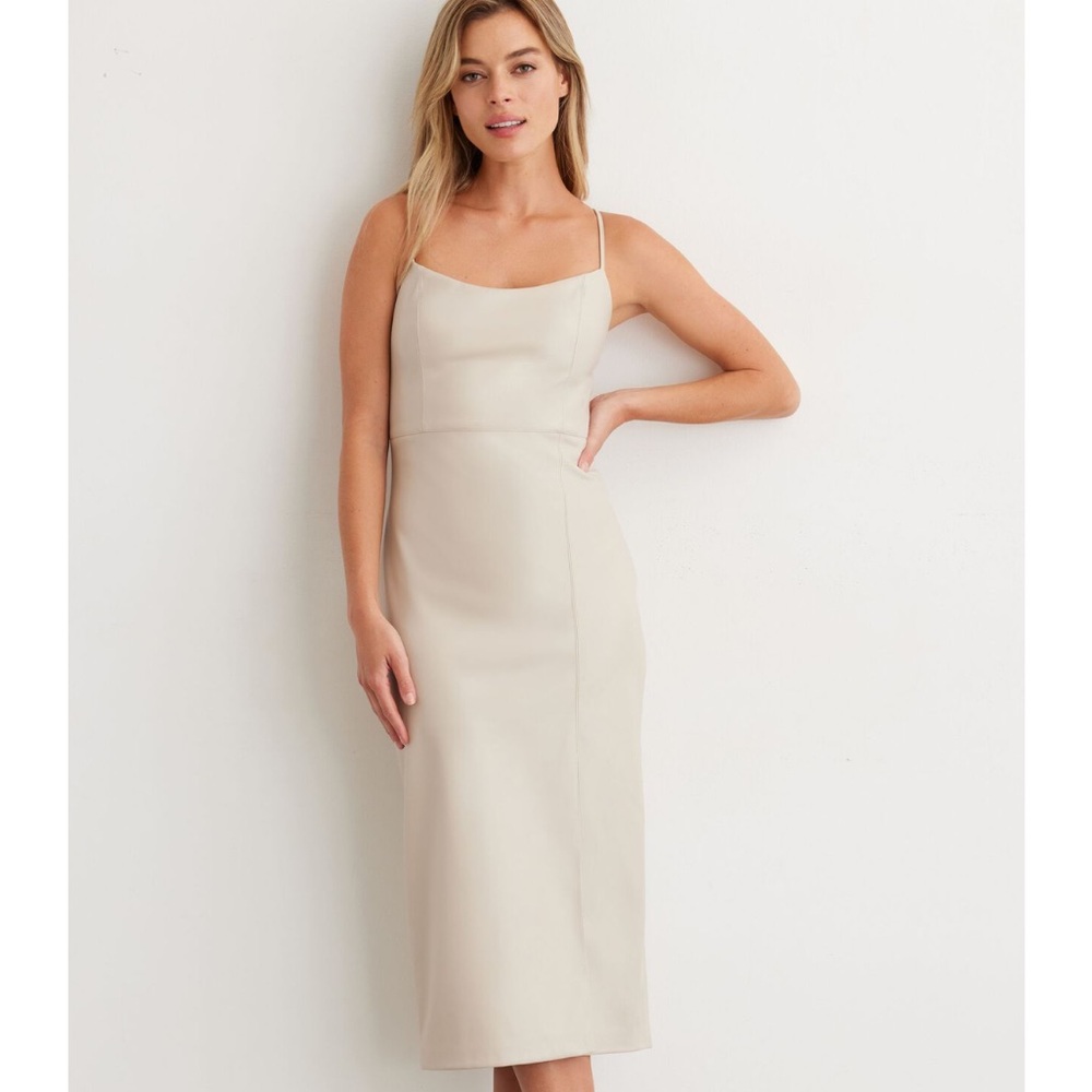 Dynamite Midi Dress - Faux Leather with Spaghetti Straps in the colour Bone